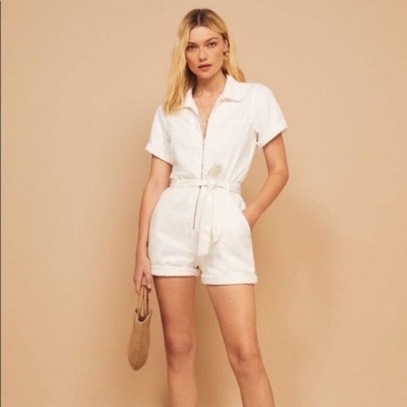 Reformation Pants - Reformation Sadie Vintage White Belted Denim Romper Playsuit Jumpsuit US 0​